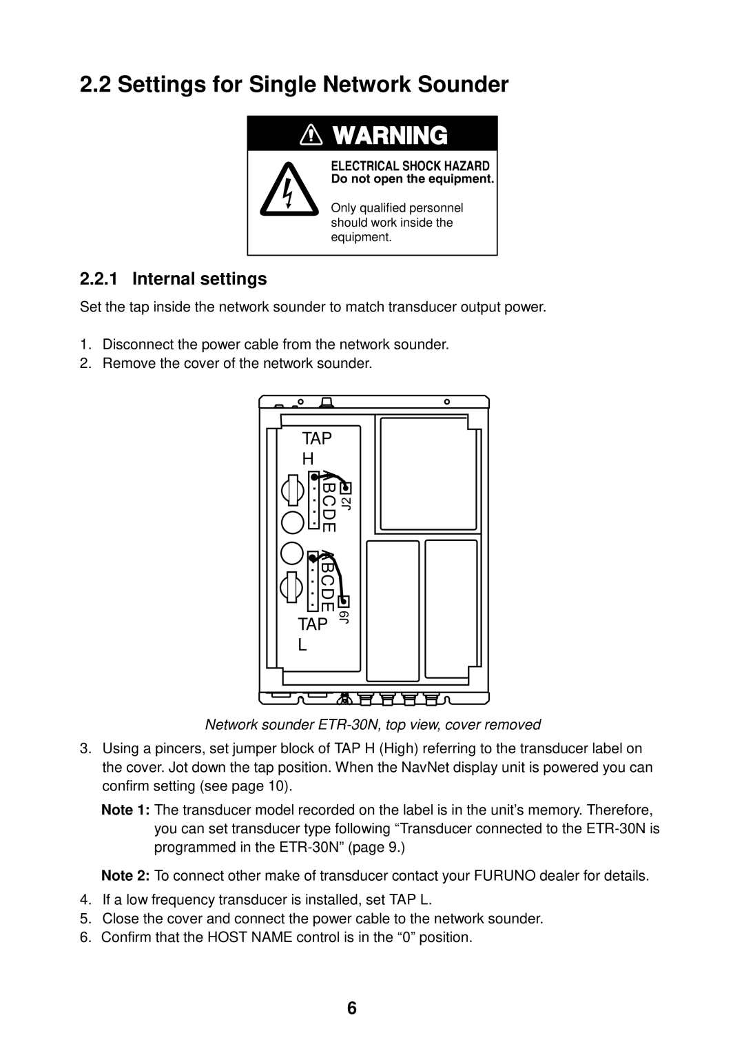 Furuno manual Settings for Single Network Sounder, Internal settings, Network sounder ETR-30N, top view, cover removed 