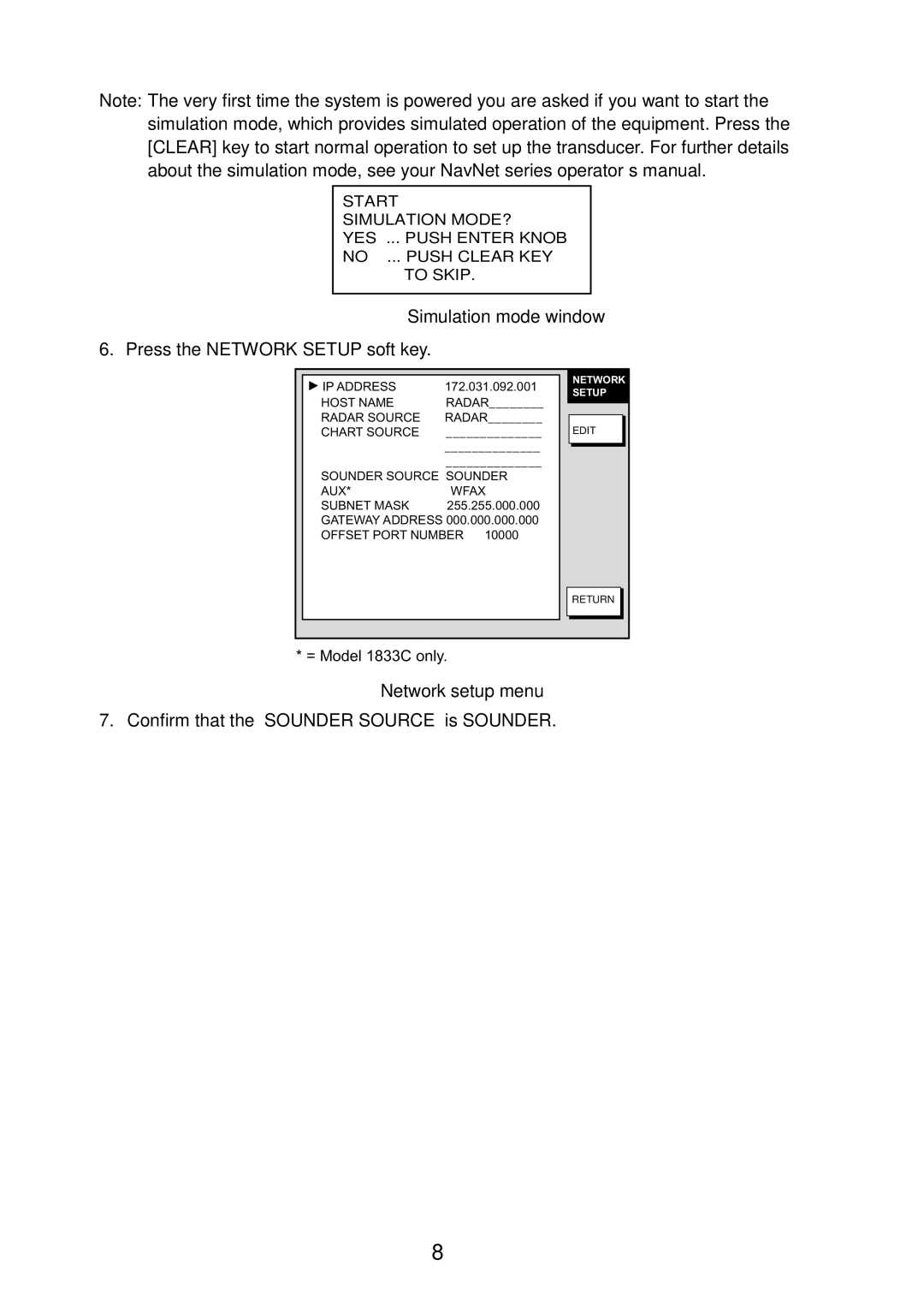 Furuno ETR-30N manual Simulation mode window, Network setup menu 