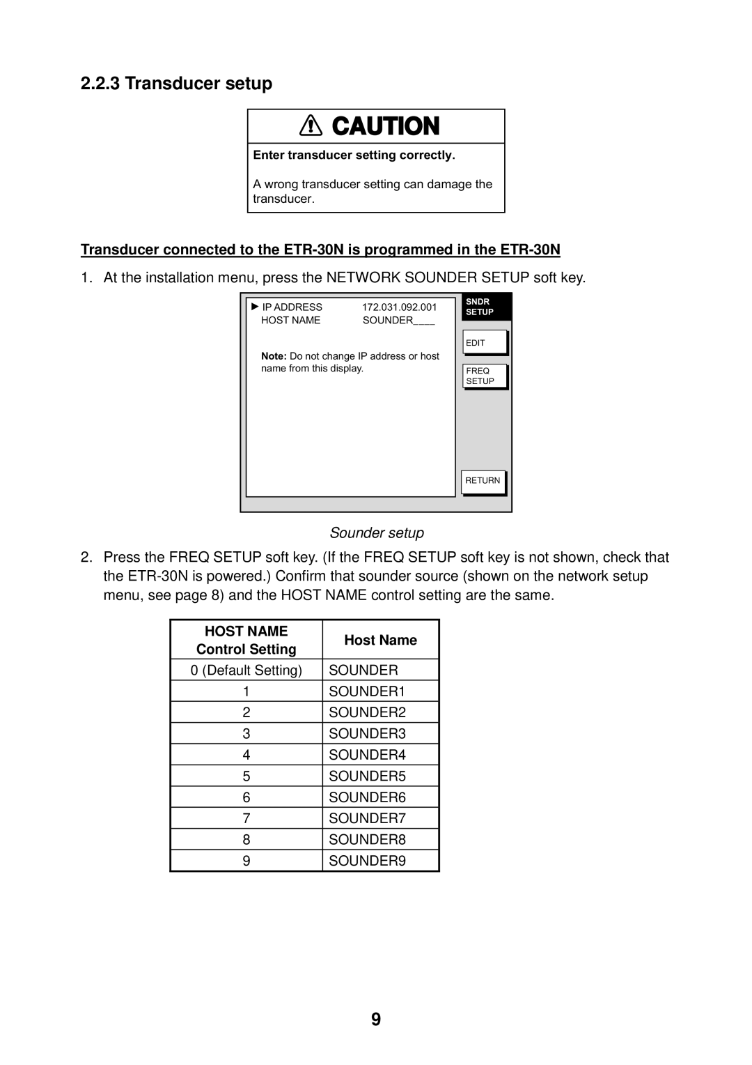 Furuno ETR-30N manual Transducer setup, Sounder setup, Host Name 