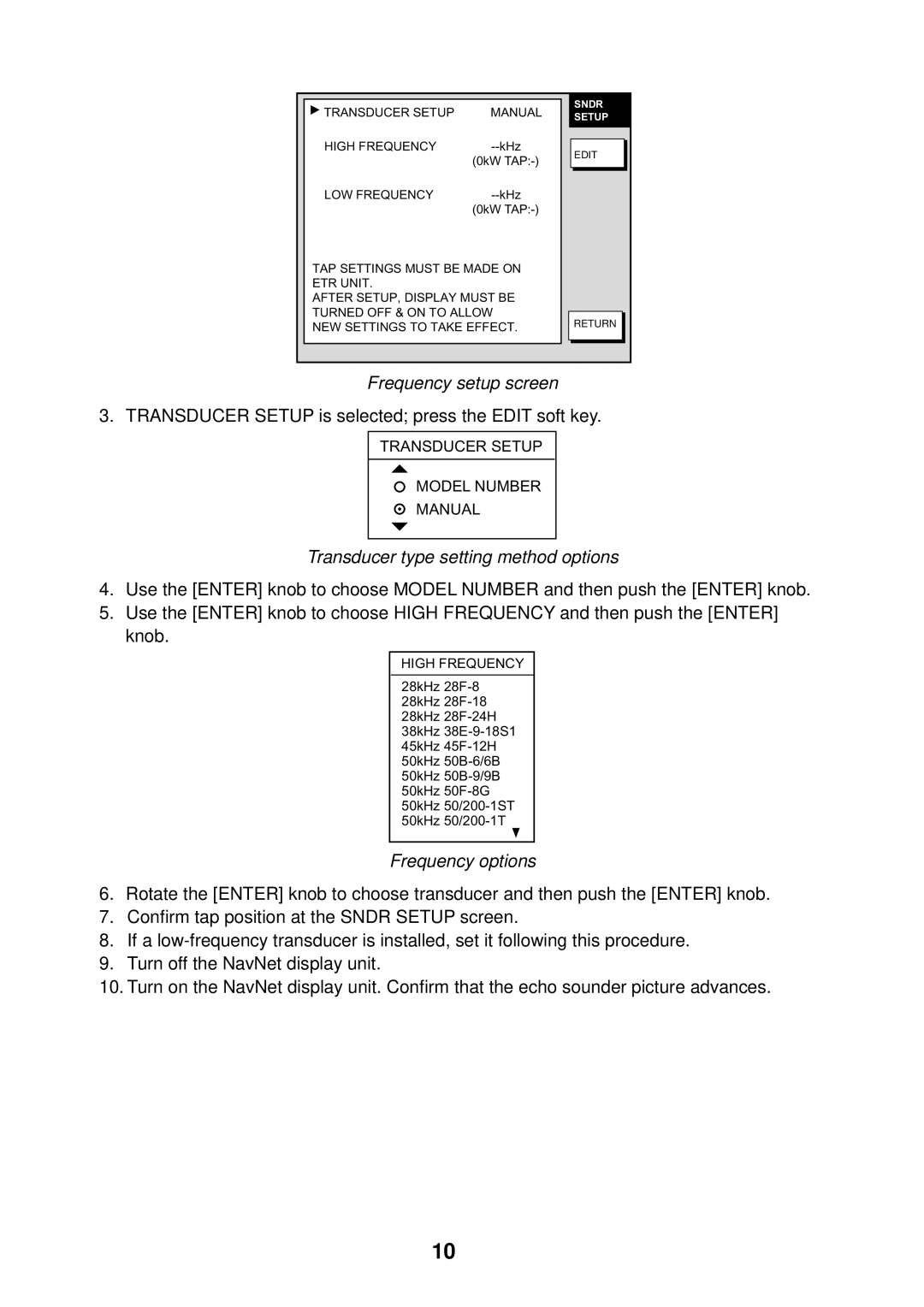 Furuno ETR-30N manual Frequency setup screen, Transducer type setting method options, Frequency options 