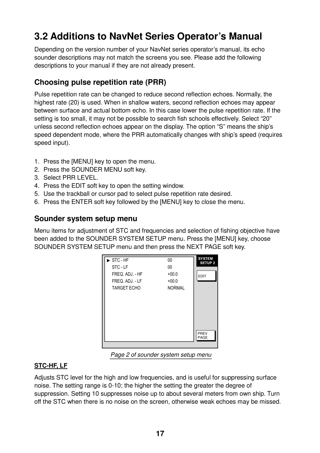 Furuno ETR-30N Additions to NavNet Series Operator’s Manual, Choosing pulse repetition rate PRR, Sounder system setup menu 