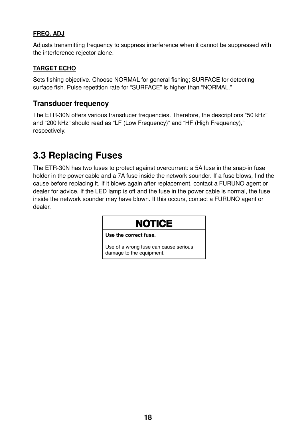 Furuno ETR-30N manual Replacing Fuses, Transducer frequency 