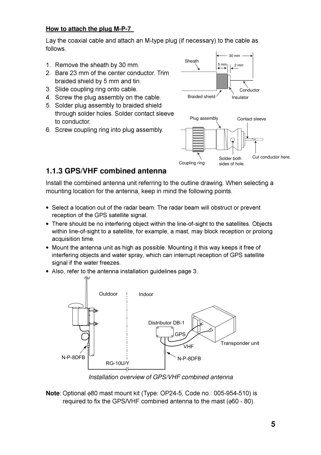 Furuno FA-100 manual 3 GPS/VHF combined antenna, How to attach the plug M-P-7 