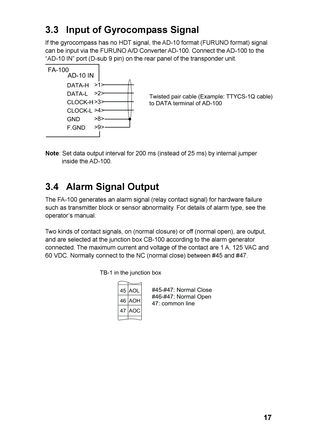 Furuno FA-100 manual Input of Gyrocompass Signal, Alarm Signal Output 