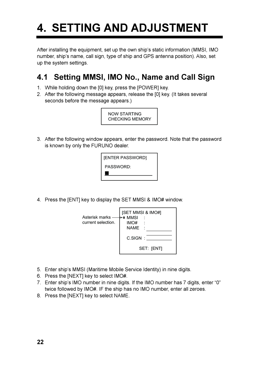 Furuno FA-100 manual Setting and Adjustment, Setting MMSI, IMO No., Name and Call Sign 