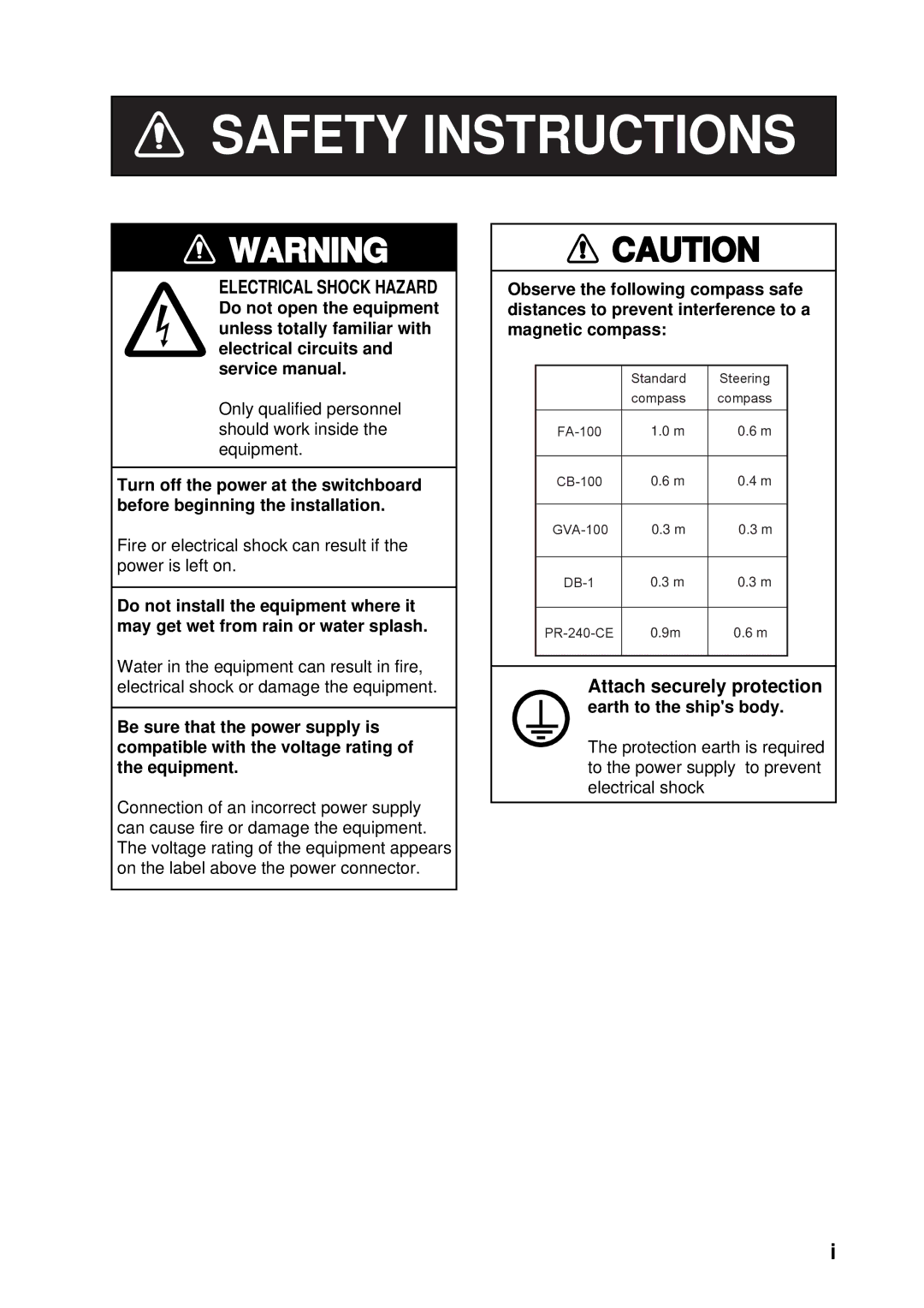 Furuno FA-100 manual Safety Instructions 