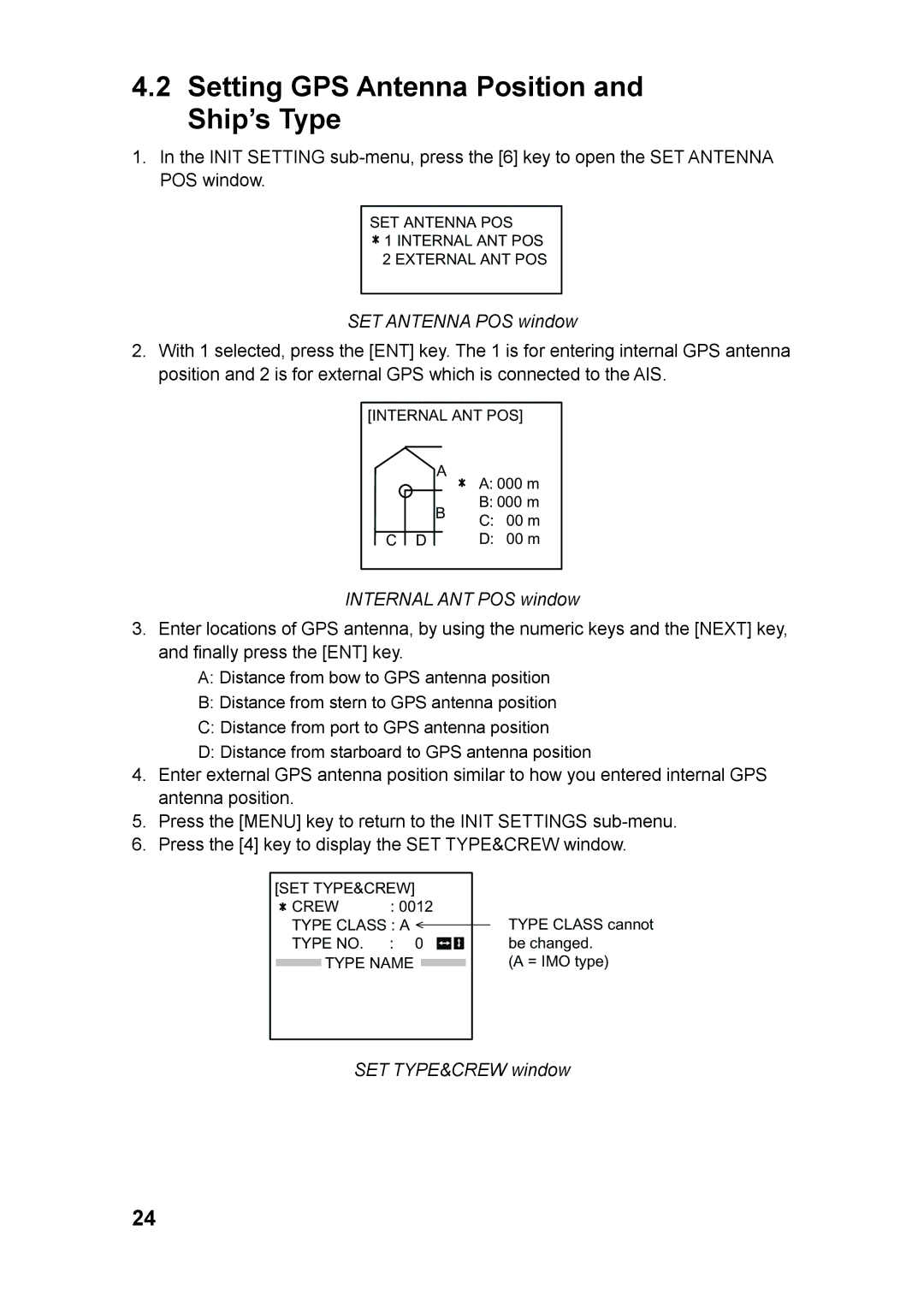 Furuno FA-100 manual Setting GPS Antenna Position and Ship’s Type, SET Antenna POS window 
