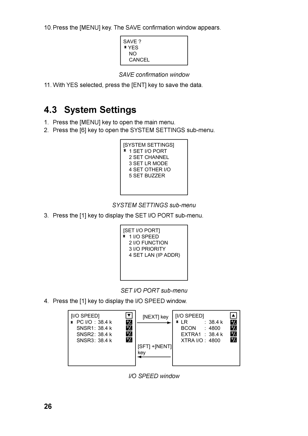 Furuno FA-100 manual System Settings sub-menu 