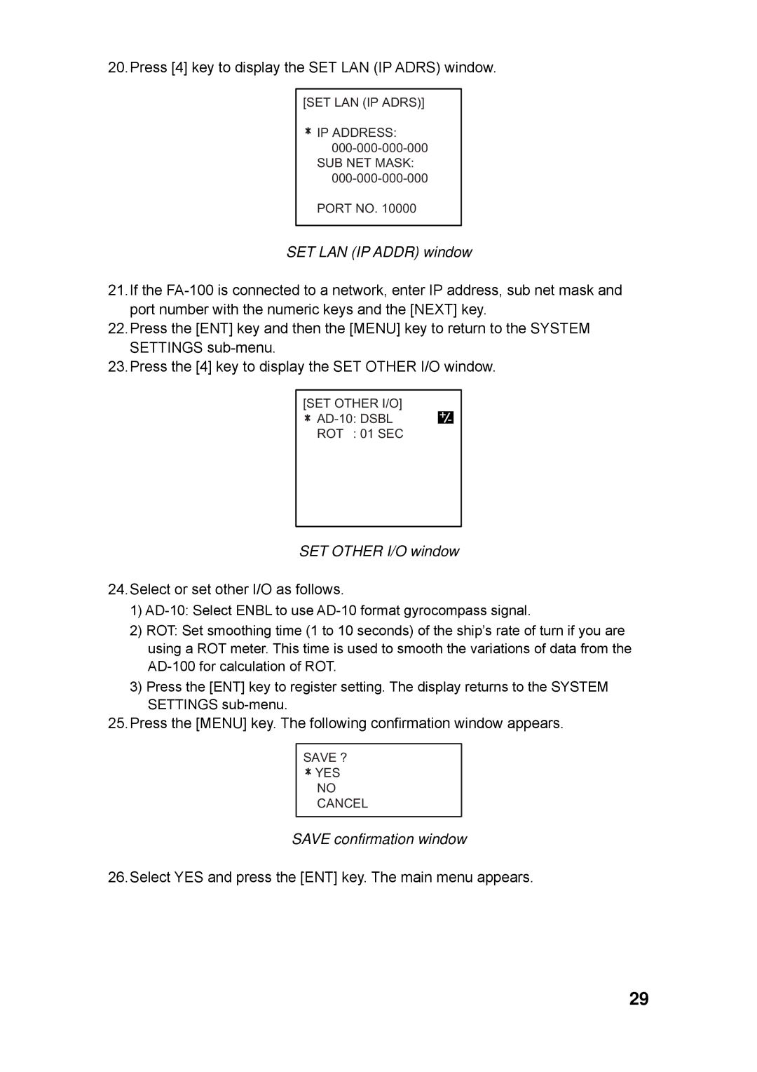 Furuno FA-100 manual SET LAN IP Addr window 