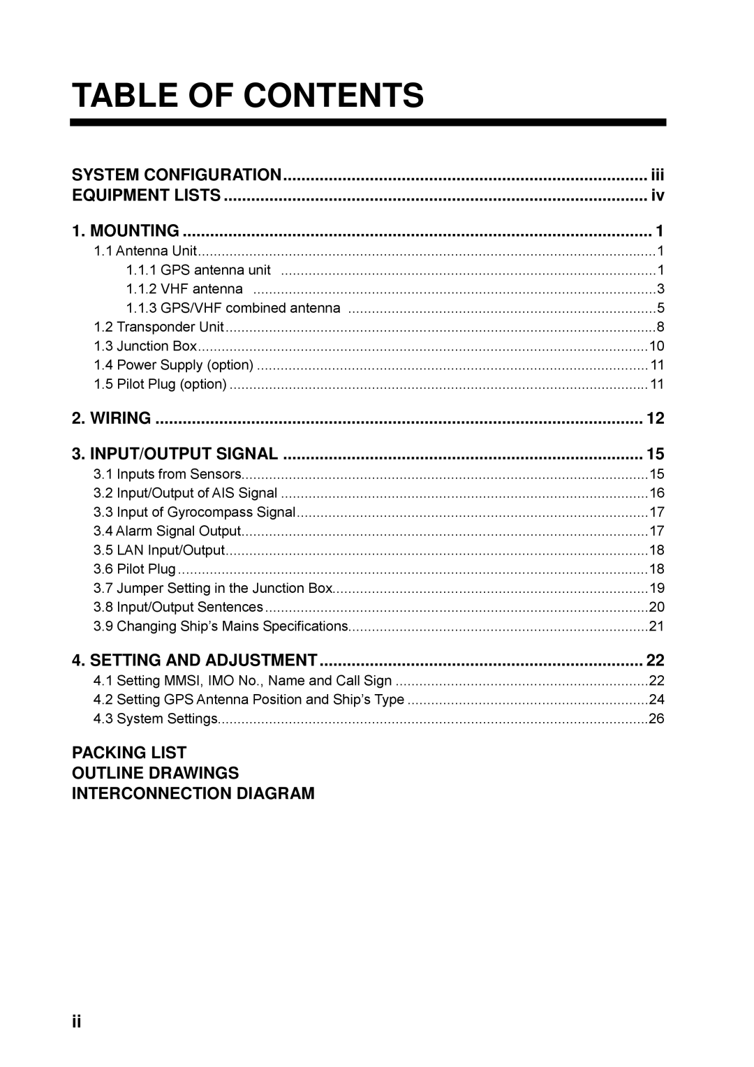 Furuno FA-100 manual Table of Contents 