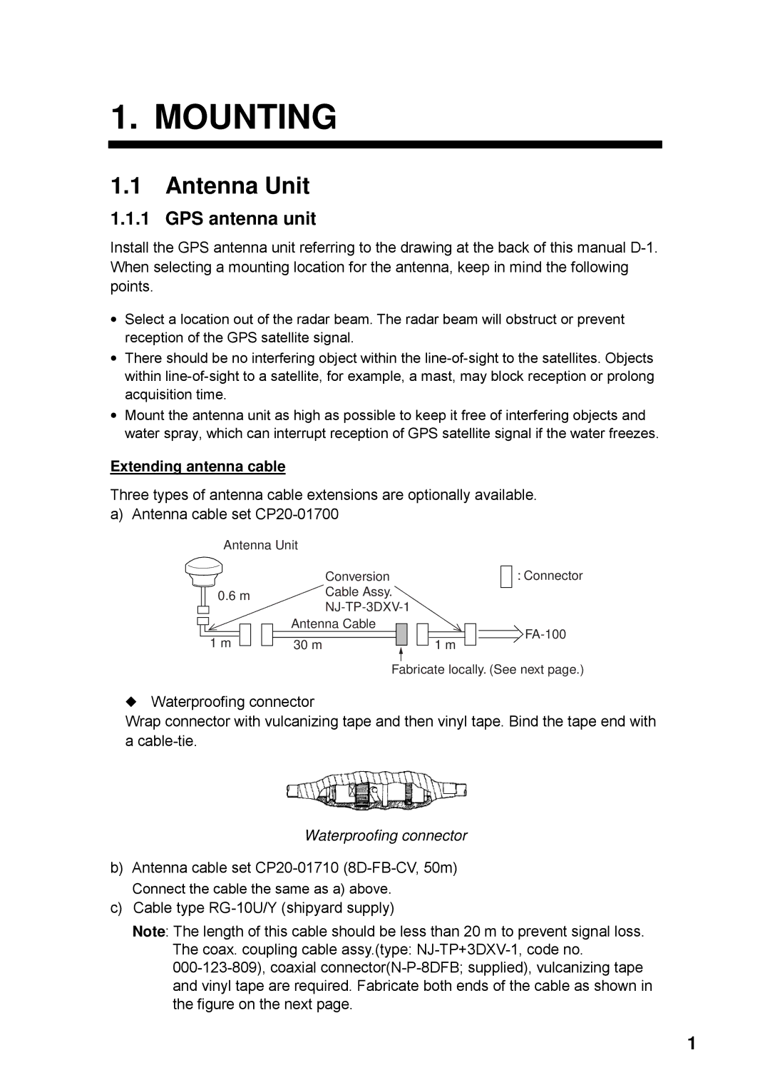 Furuno FA-100 manual Mounting, Antenna Unit, Extending antenna cable 