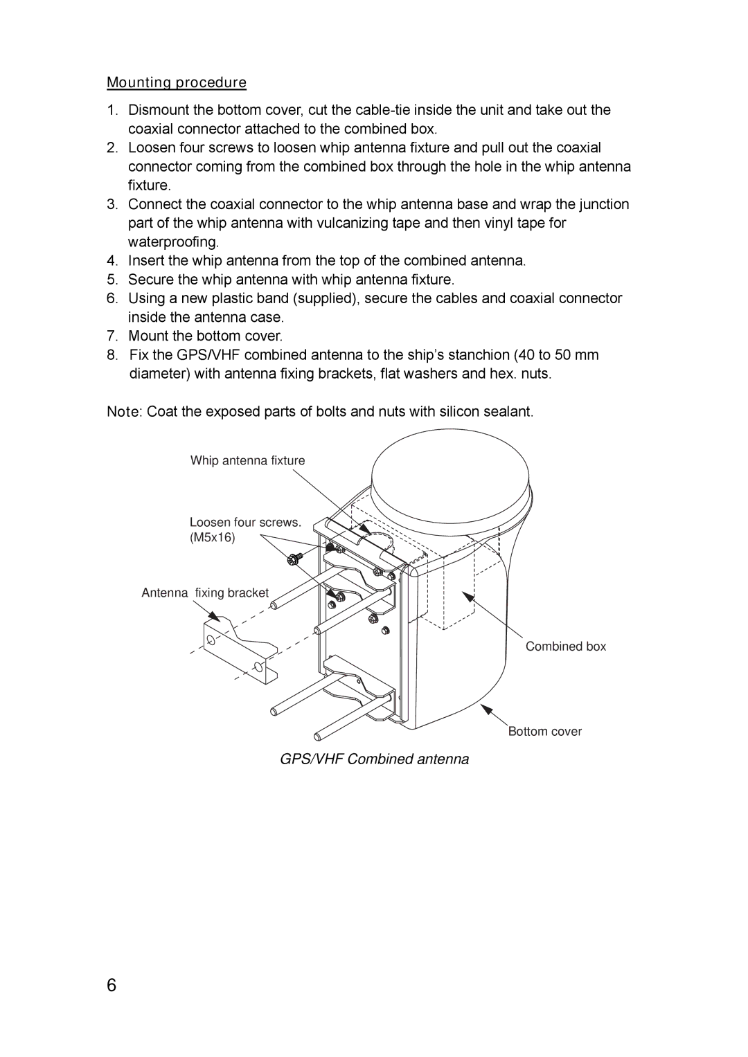 Furuno FA-150 installation manual Mounting procedure, GPS/VHF Combined antenna 