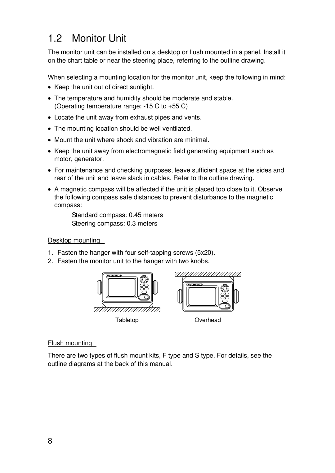 Furuno FA-150 installation manual Monitor Unit, Desktop mounting, Flush mounting 