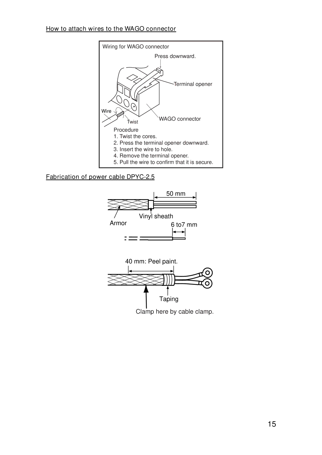 Furuno FA-150 installation manual How to attach wires to the Wago connector, Fabrication of power cable DPYC-2.5 