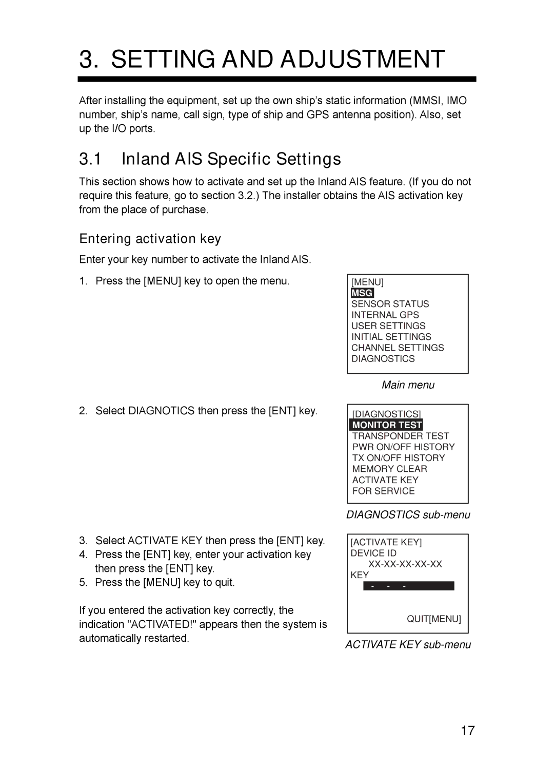 Furuno FA-150 installation manual Setting and Adjustment, Inland AIS Specific Settings, Entering activation key 