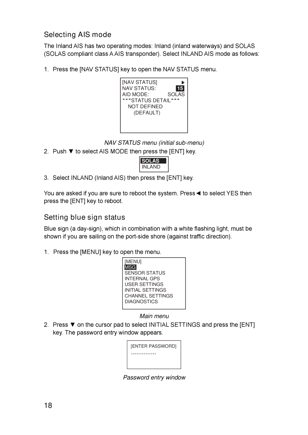 Furuno FA-150 Selecting AIS mode, Setting blue sign status, NAV Status menu initial sub-menu, Password entry window 