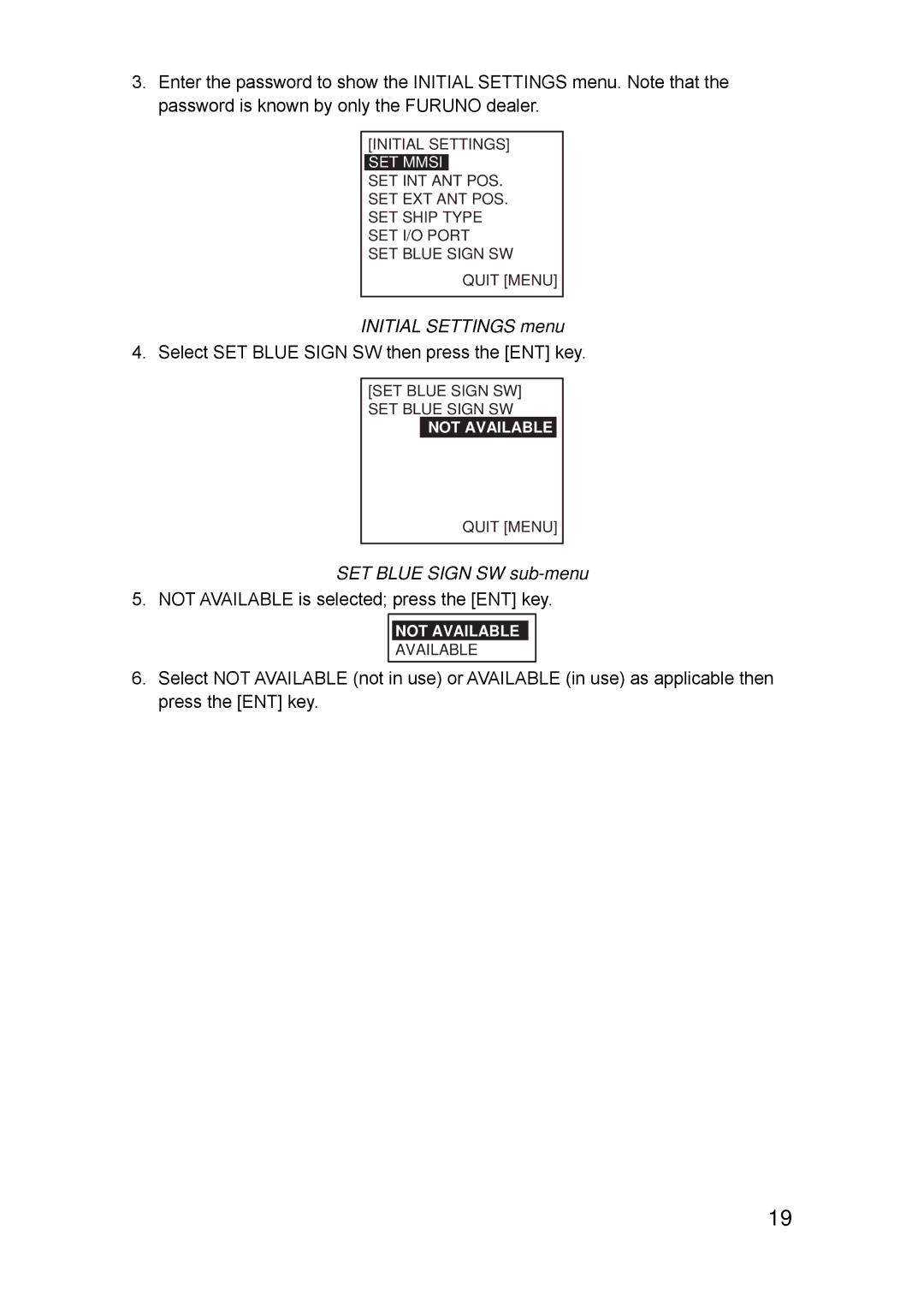 Furuno FA-150 installation manual Initial Settings menu, SET Blue Sign SW sub-menu 