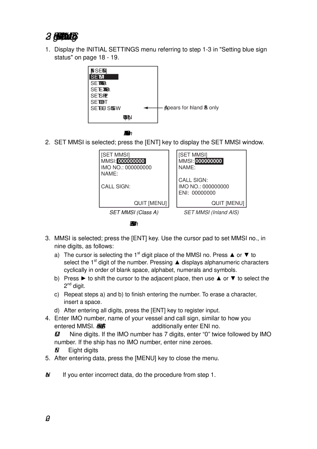 Furuno FA-150 installation manual Setting MMSI, IMO No., Name and Call Sign, SET Mmsi sub-menu 