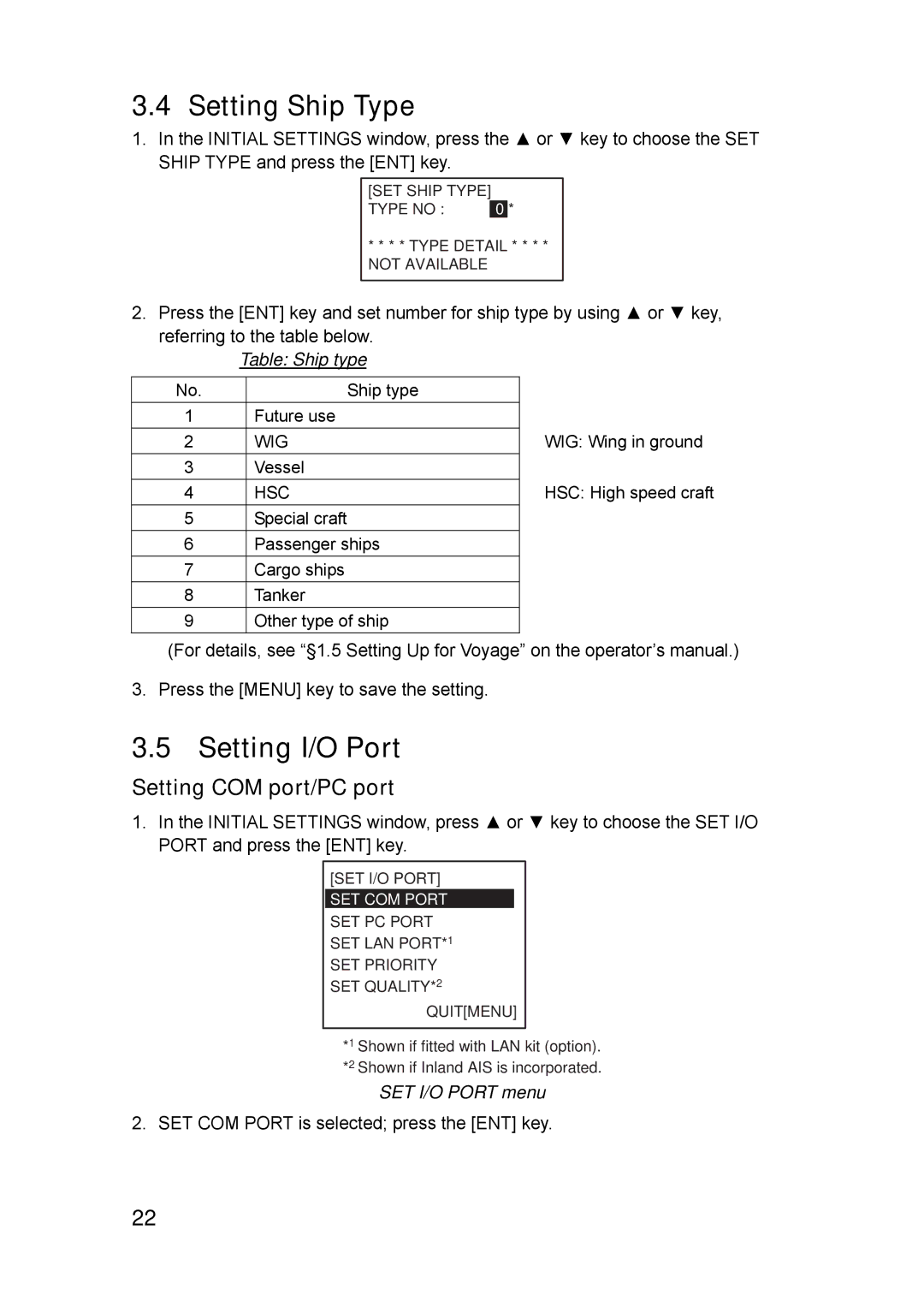 Furuno FA-150 Setting Ship Type, Setting I/O Port, Setting COM port/PC port, Table Ship type, SET I/O Port menu 