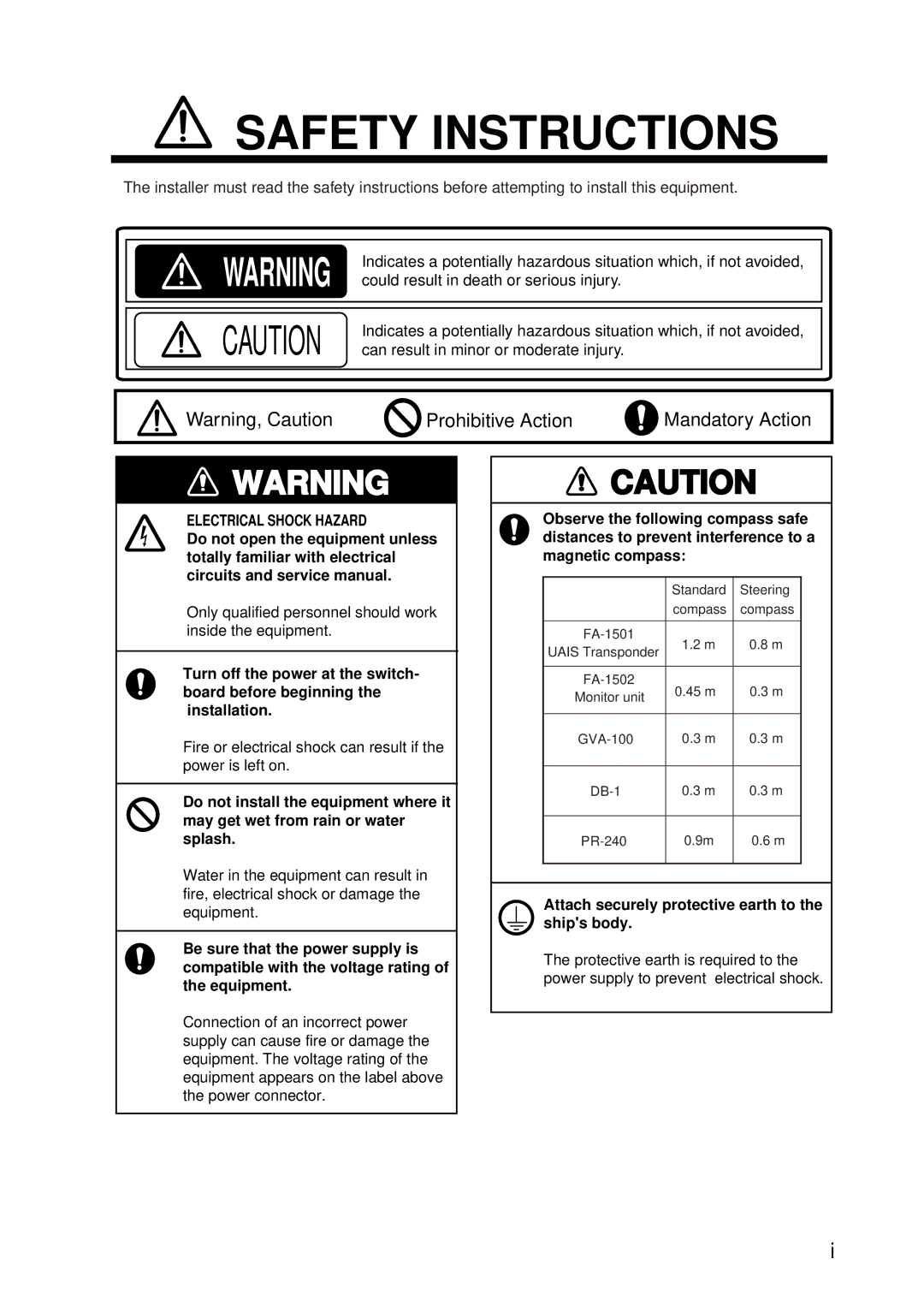 Furuno FA-150 installation manual Safety Instructions 