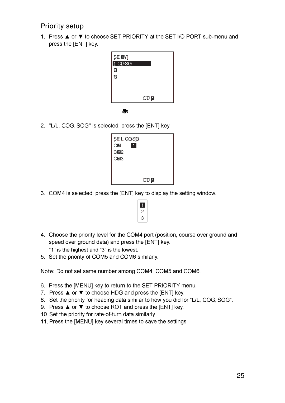 Furuno FA-150 installation manual Priority setup, Priority menu 