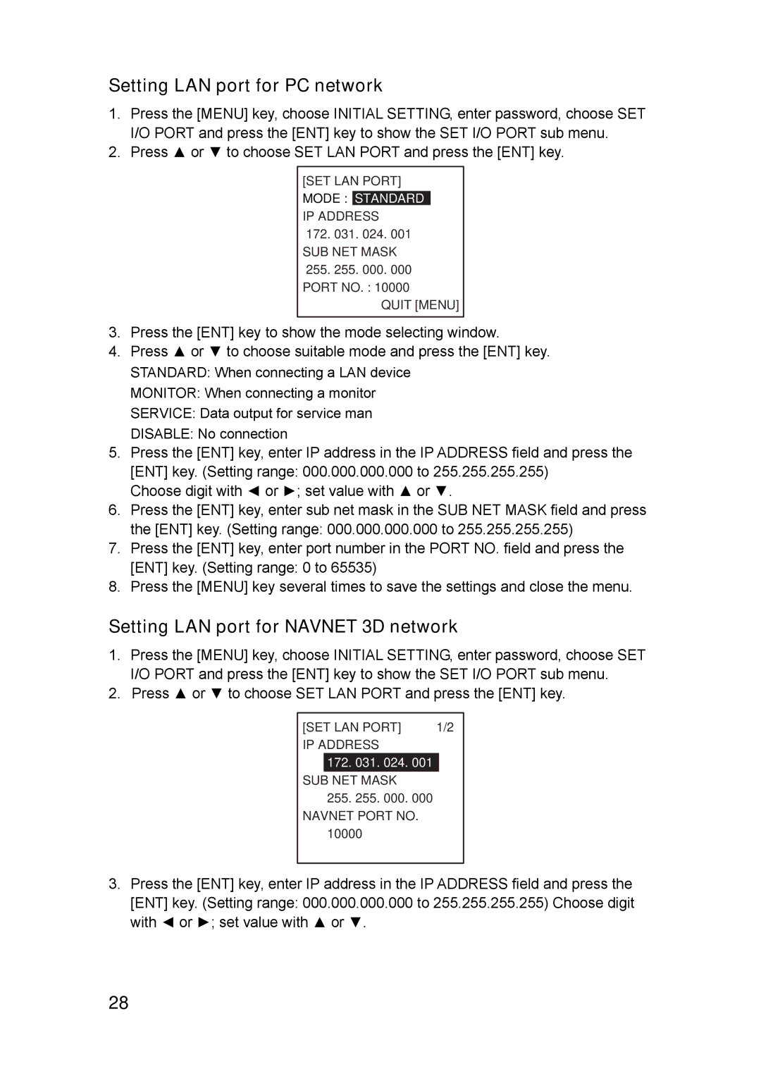 Furuno FA-150 installation manual Setting LAN port for PC network, Setting LAN port for Navnet 3D network 