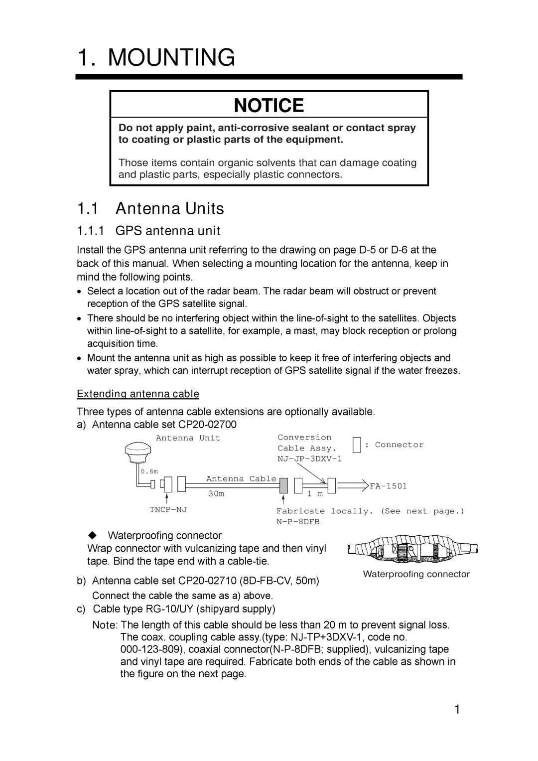 Furuno FA-150 installation manual Mounting, Antenna Units, GPS antenna unit, Extending antenna cable 