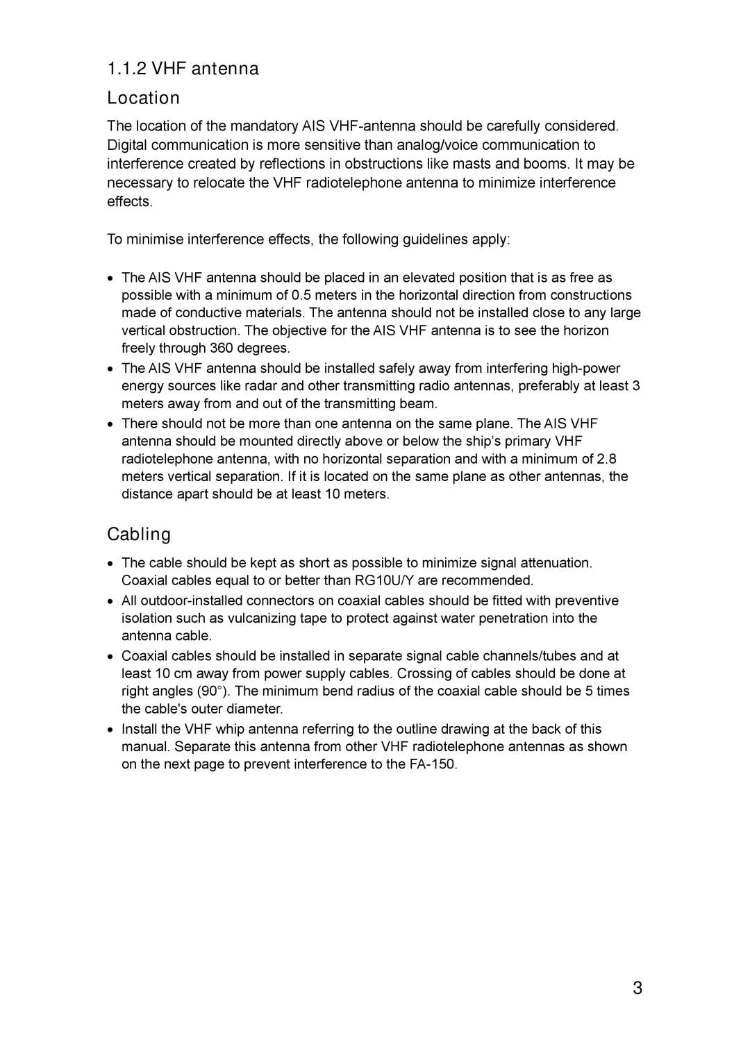 Furuno FA-150 installation manual VHF antenna Location, Cabling 