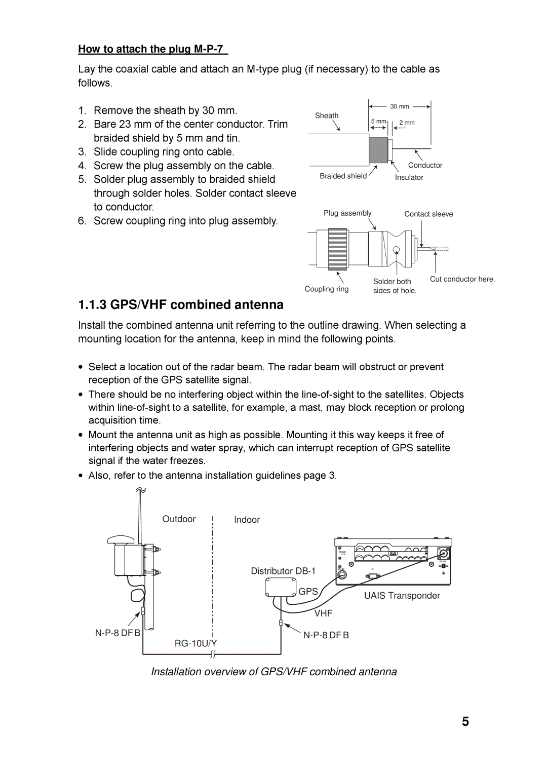 Furuno FA-150 installation manual 3 GPS/VHF combined antenna, How to attach the plug M-P-7 