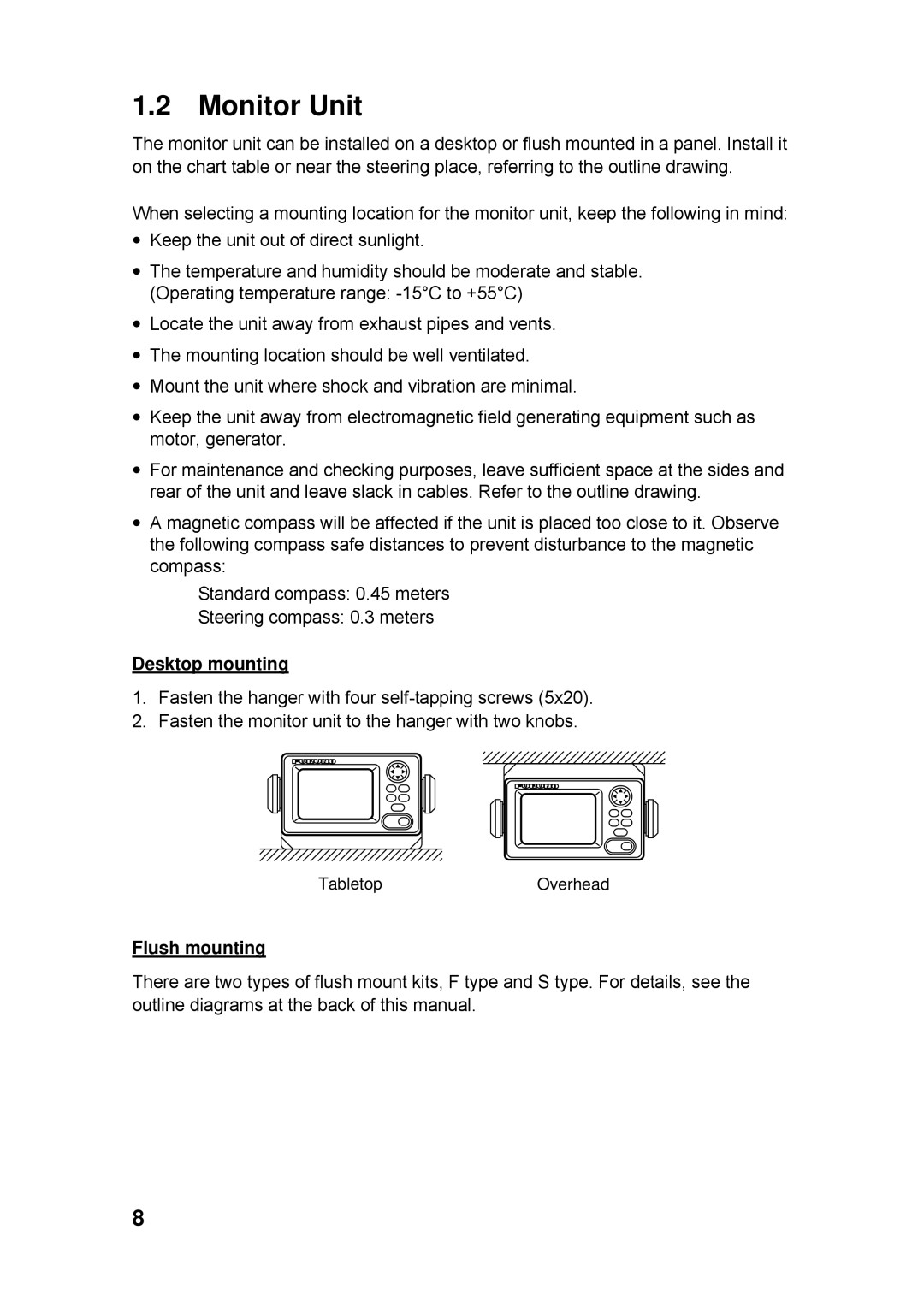 Furuno FA-150 installation manual Monitor Unit, Desktop mounting, Flush mounting 