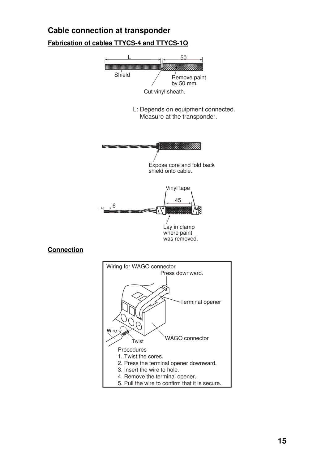 Furuno FA-150 installation manual Cable connection at transponder, Fabrication of cables TTYCS-4 and TTYCS-1Q, Connection 