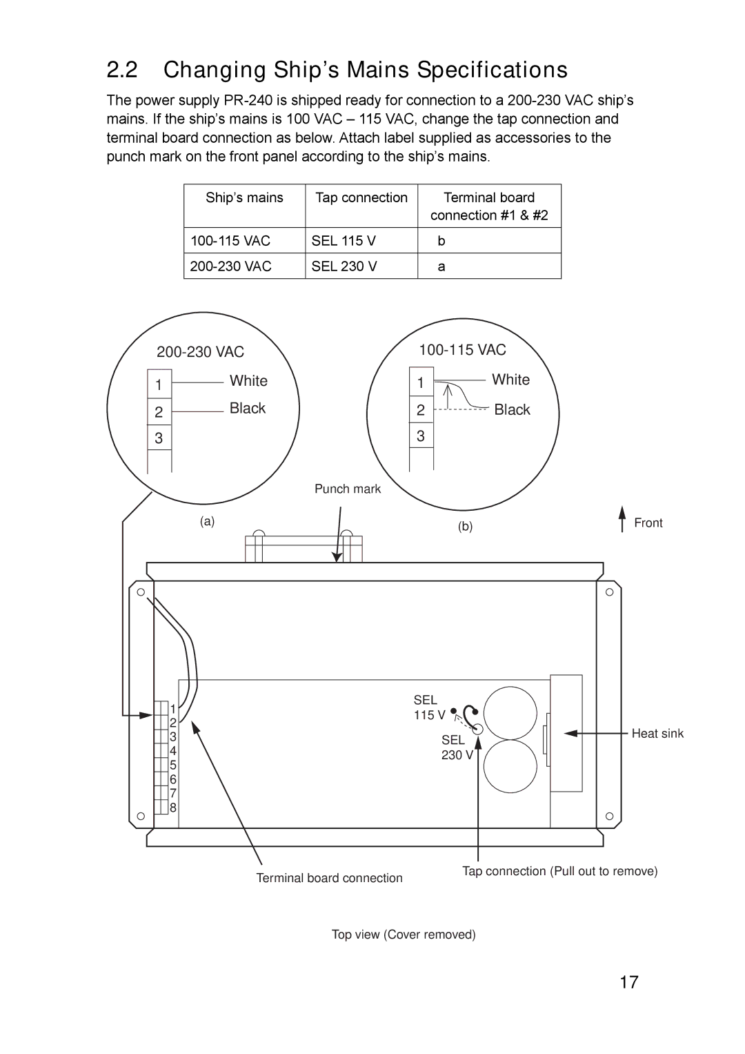 Furuno FA-150 installation manual Changing Ship’s Mains Specifications, VAC White Black 100-115 VAC 