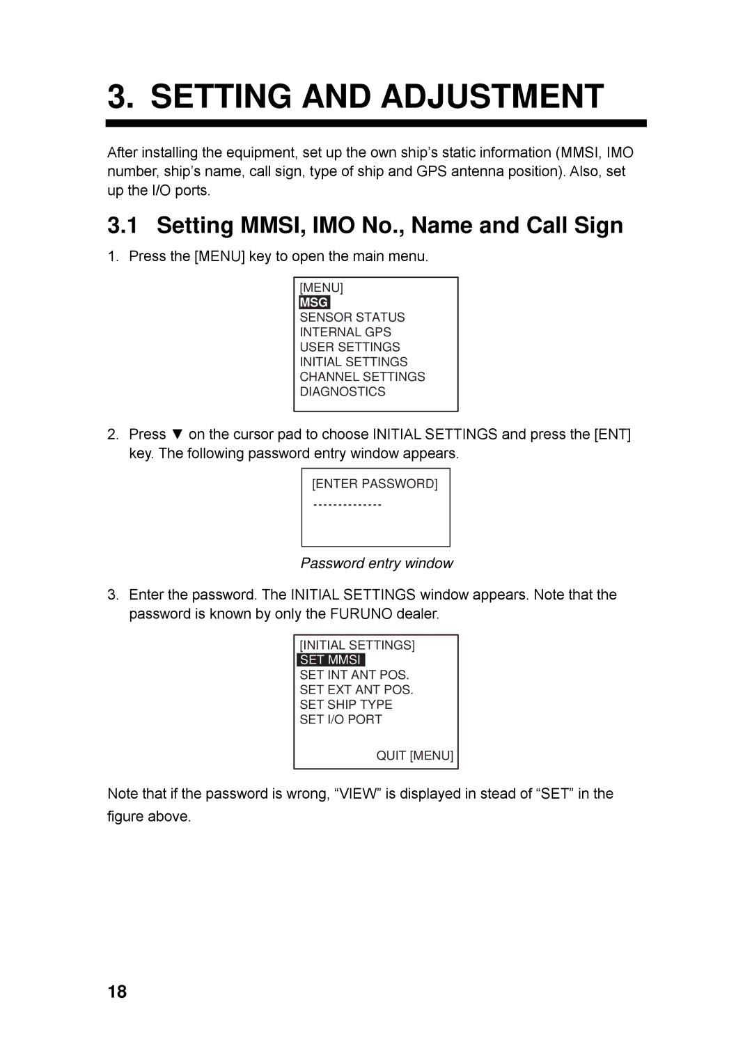 Furuno FA-150 installation manual Setting and Adjustment, Setting MMSI, IMO No., Name and Call Sign 