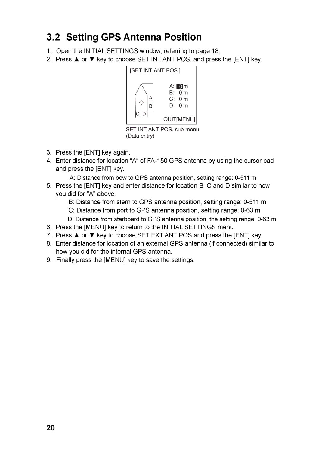 Furuno FA-150 installation manual Setting GPS Antenna Position 