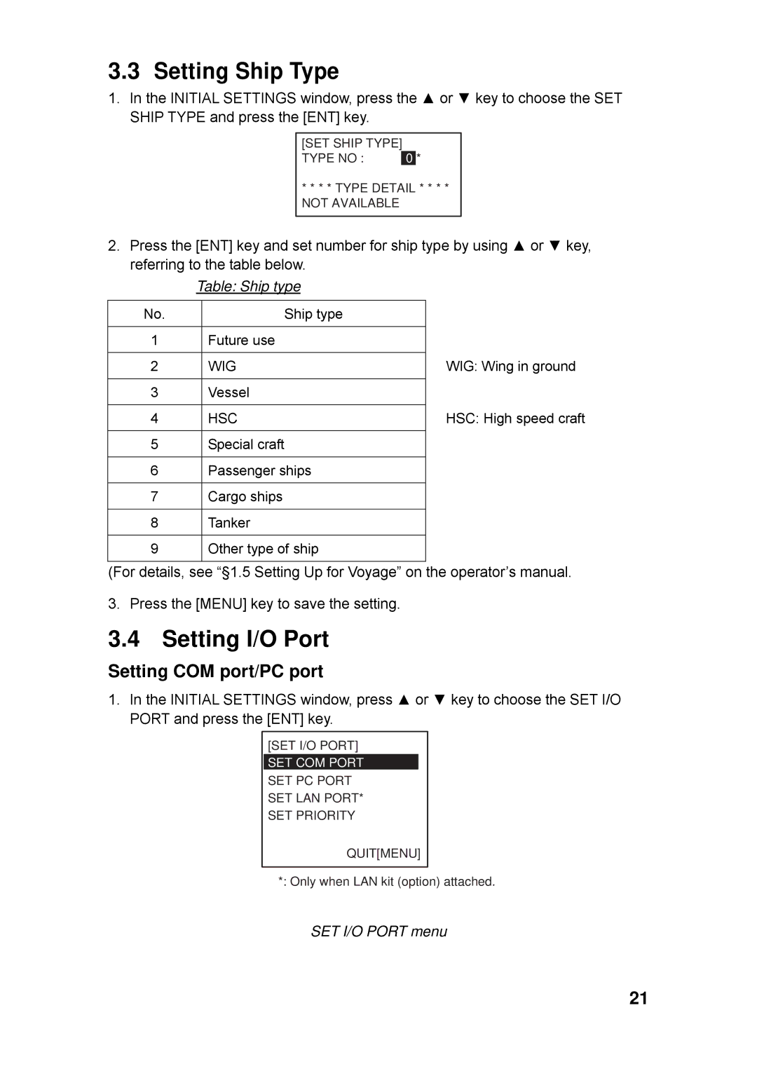 Furuno FA-150 installation manual Setting Ship Type, Setting I/O Port, Setting COM port/PC port 