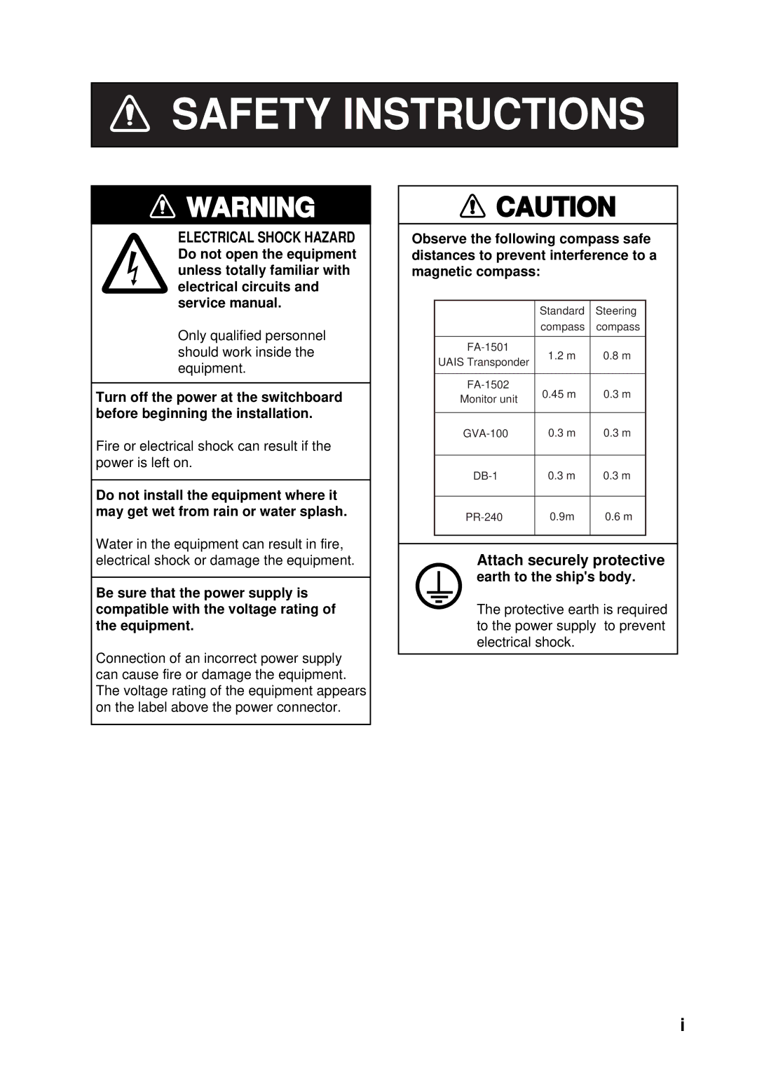 Furuno FA-150 installation manual Safety Instructions 