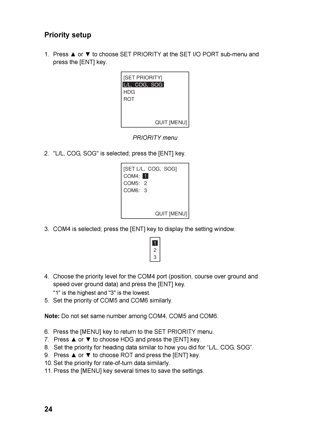 Furuno FA-150 installation manual Priority setup, Priority menu 