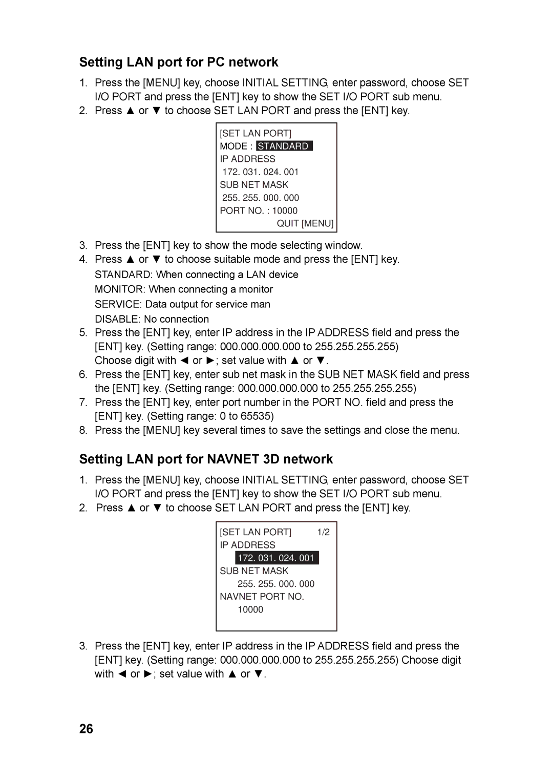 Furuno FA-150 installation manual Setting LAN port for PC network, Setting LAN port for Navnet 3D network 