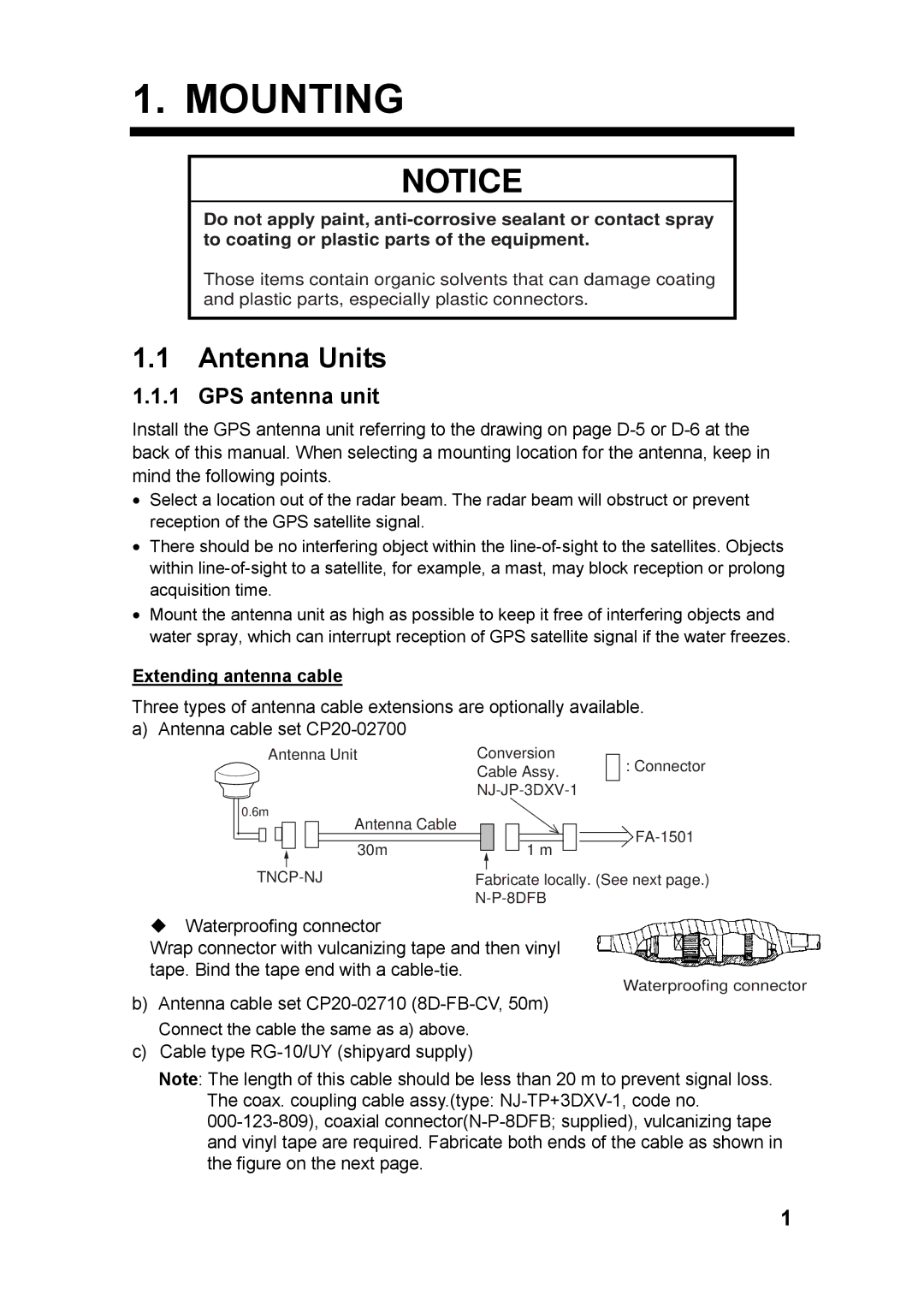 Furuno FA-150 installation manual Mounting, Antenna Units, GPS antenna unit, Extending antenna cable 