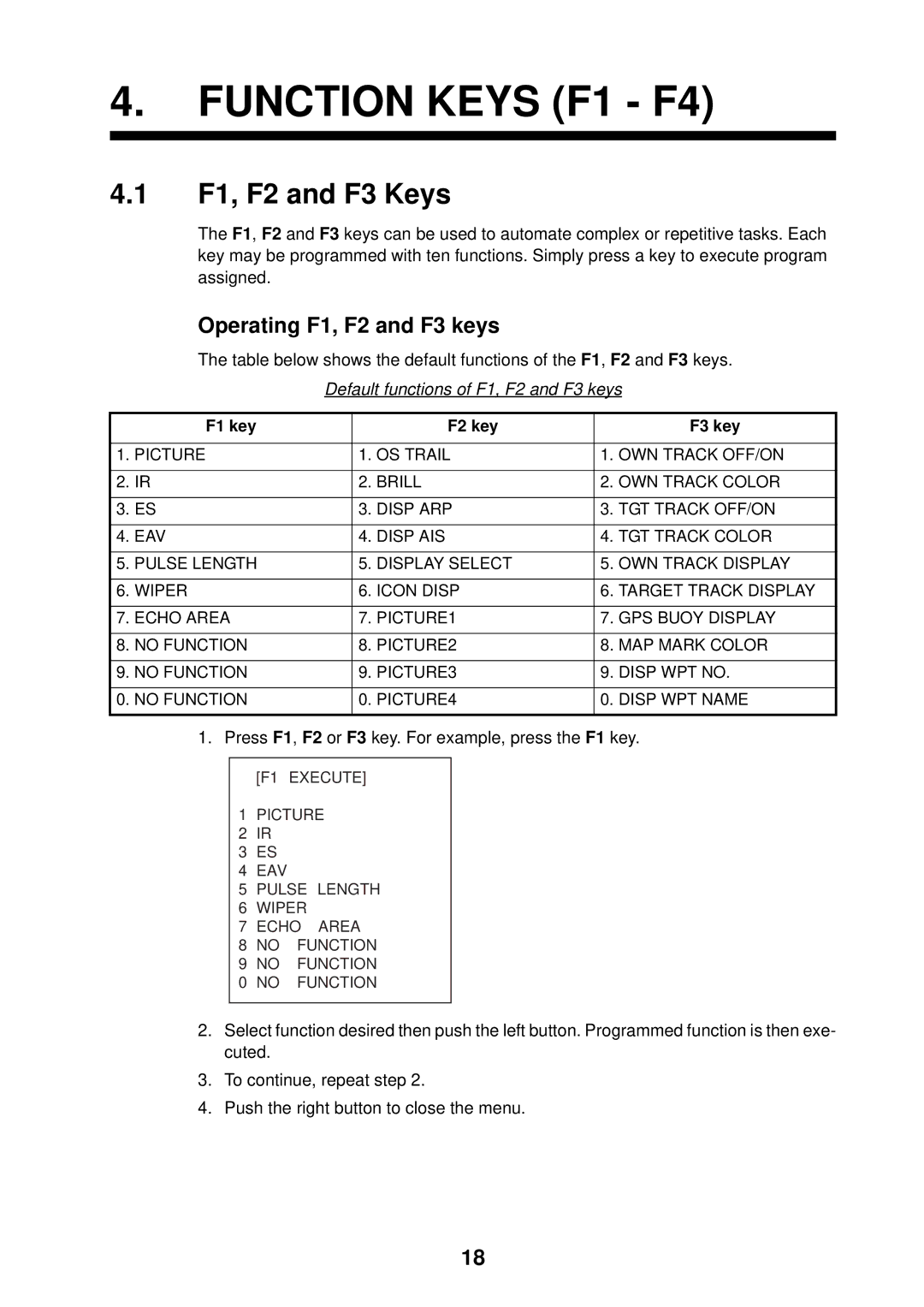 Furuno FAR-2107 specifications Function Keys F1 F4, F1, F2 and F3 Keys, Operating F1, F2 and F3 keys 