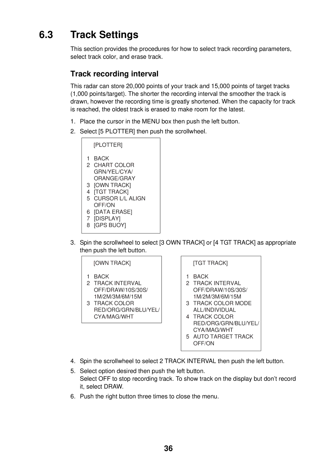 Furuno FAR-2107 specifications Track Settings, Track recording interval 