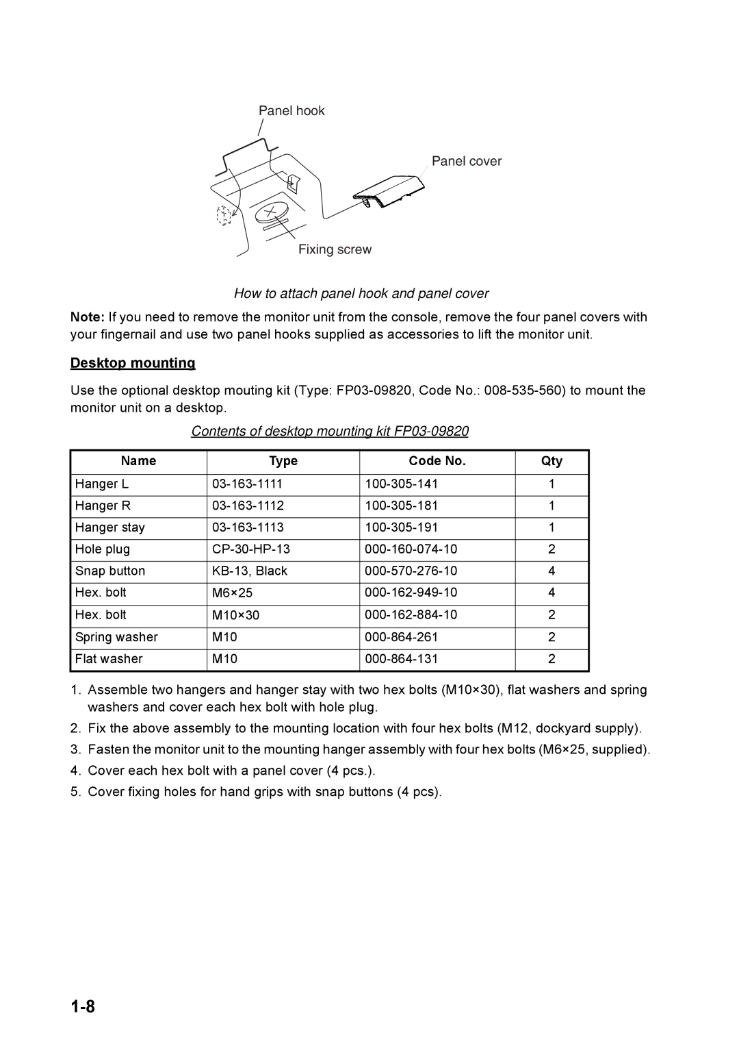 Furuno FAR-2157 installation manual Desktop mounting, Contents of desktop mounting kit FP03-09820 