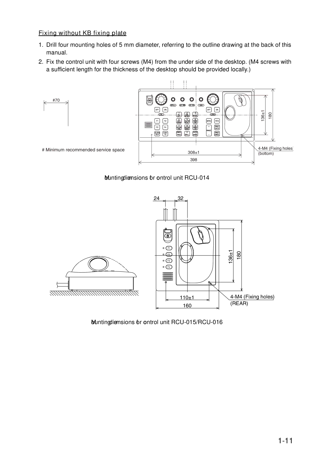 Furuno FAR-2157 installation manual Fixing without KB fixing plate, Mounting dimensions for control unit RCU-014 