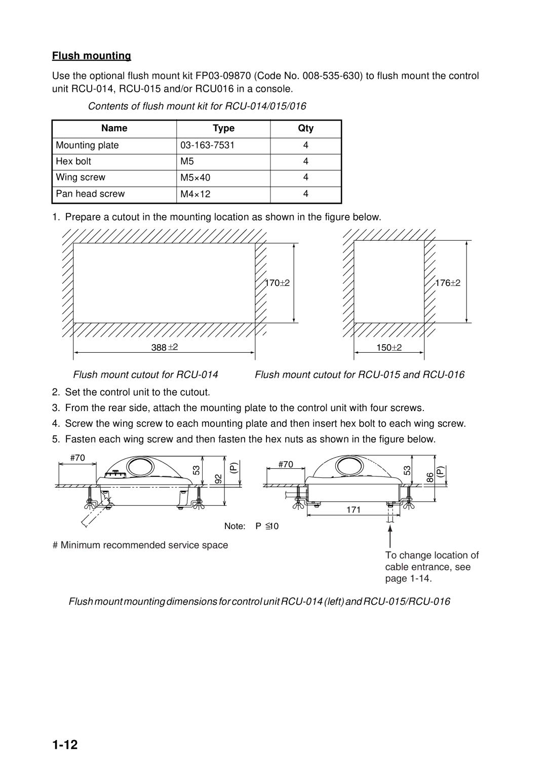 Furuno FAR-2157 installation manual Flush mounting, Contents of flush mount kit for RCU-014/015/016 