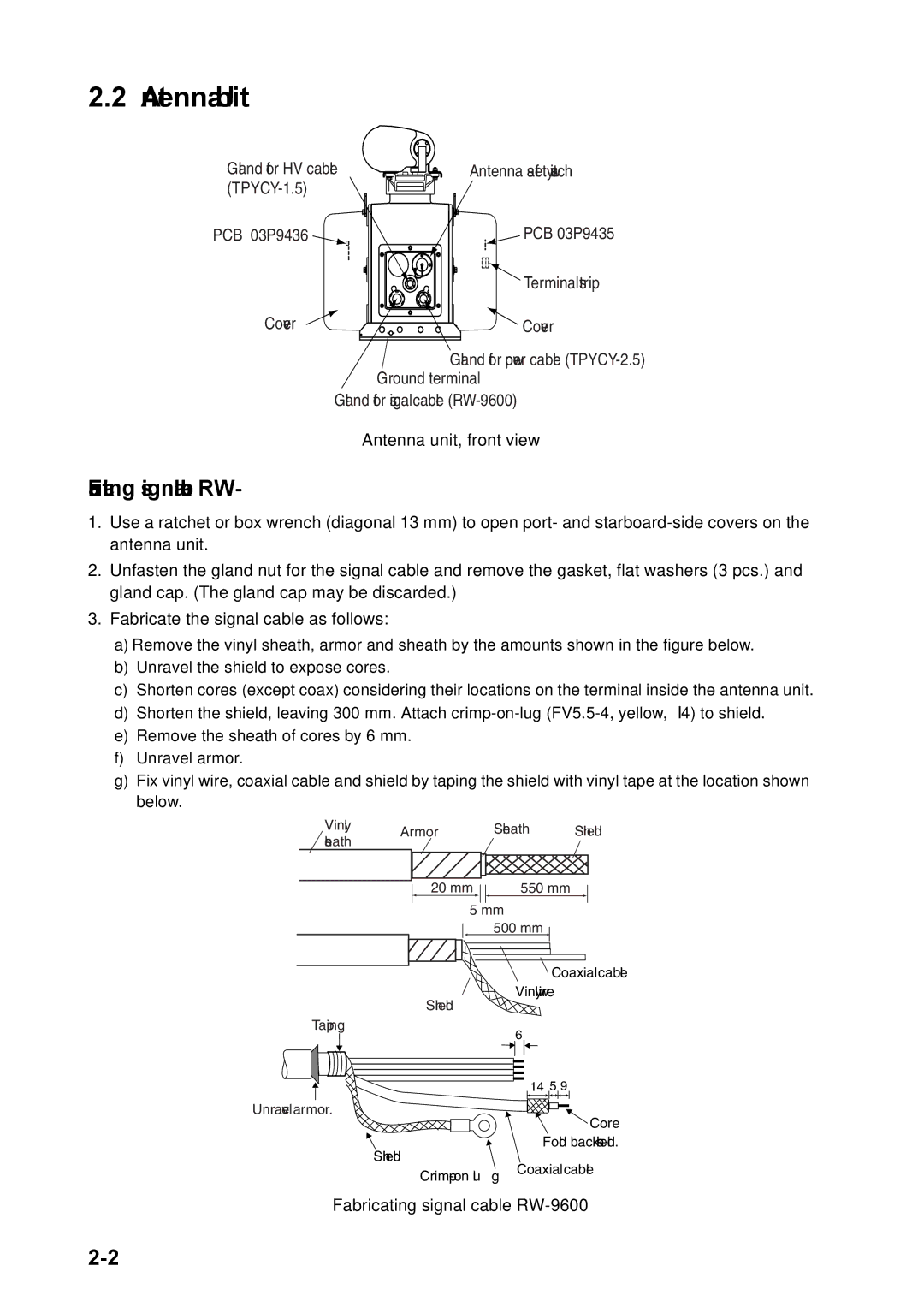 Furuno FAR-2157 installation manual Fabricating signal cable RW-9600, Antenna unit, front view 