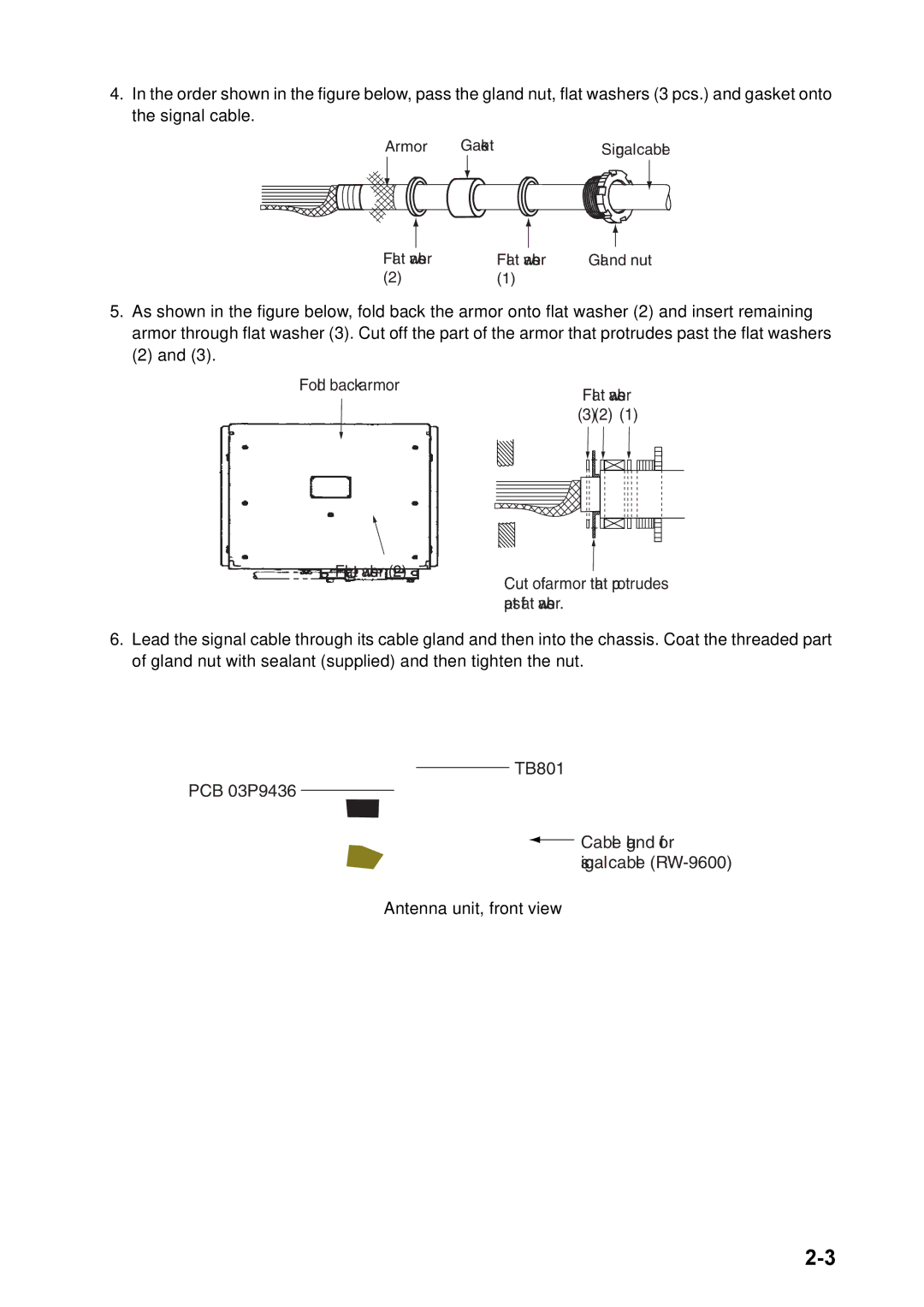 Furuno FAR-2157 installation manual TB801 PCB 03P9436 Cable gland for signal cable RW-9600 