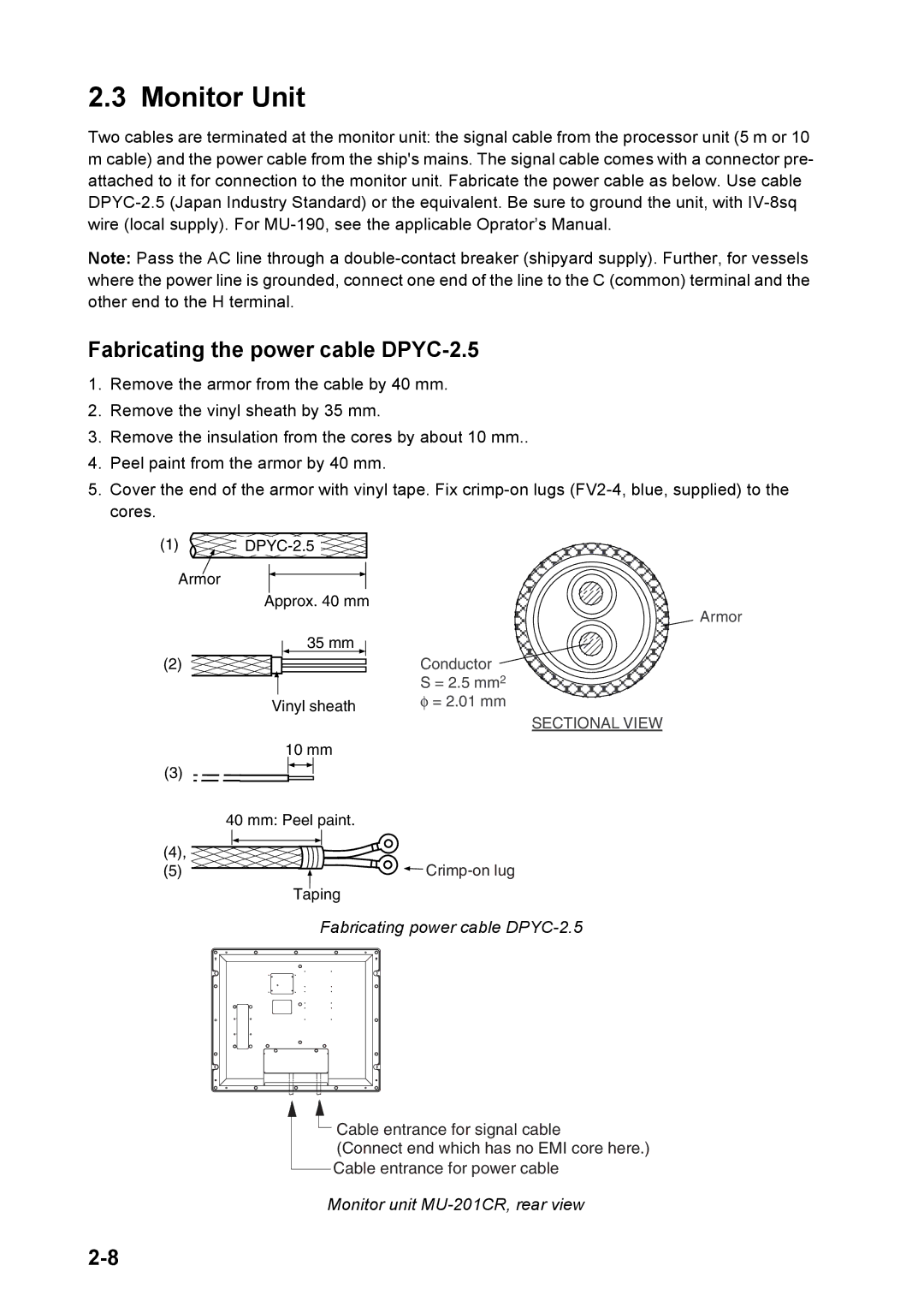 Furuno FAR-2157 installation manual Fabricating the power cable DPYC-2.5, Fabricating power cable DPYC-2.5 