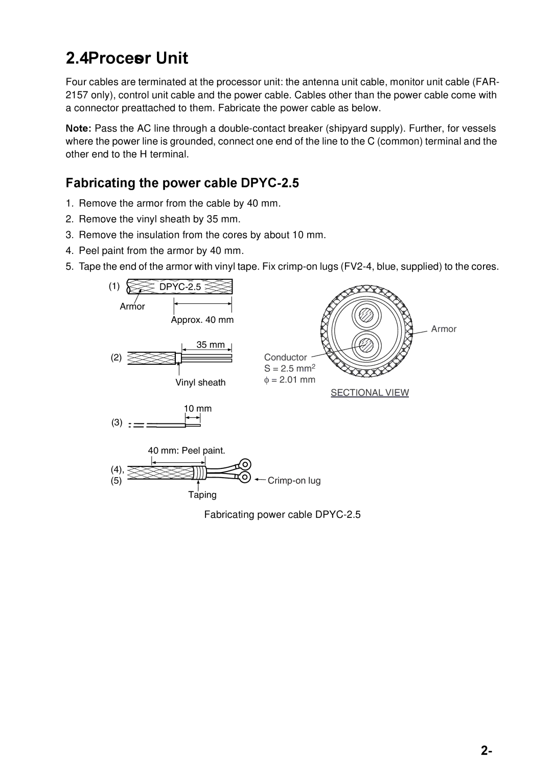 Furuno FAR-2157 installation manual Processor Unit, Fabricating power cable DPYC-2.5 