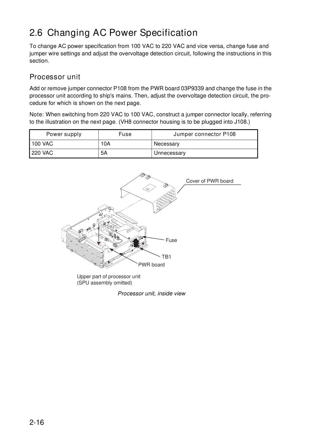 Furuno FAR-2157 Changing AC Power Specification, Processor unit, Power supply Fuse Jumper connector P108 