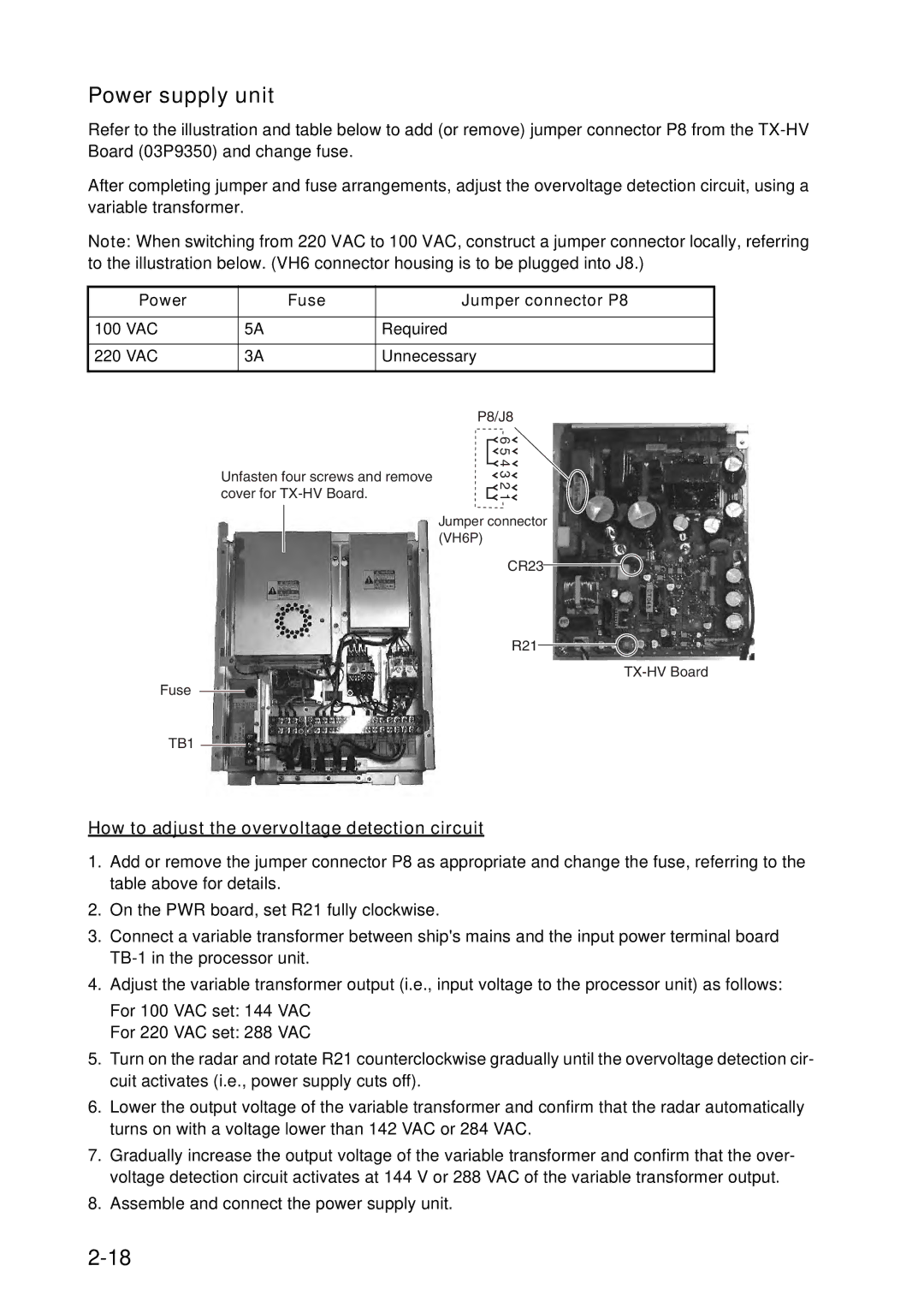 Furuno FAR-2157 installation manual Power supply unit, Power Fuse Jumper connector P8 